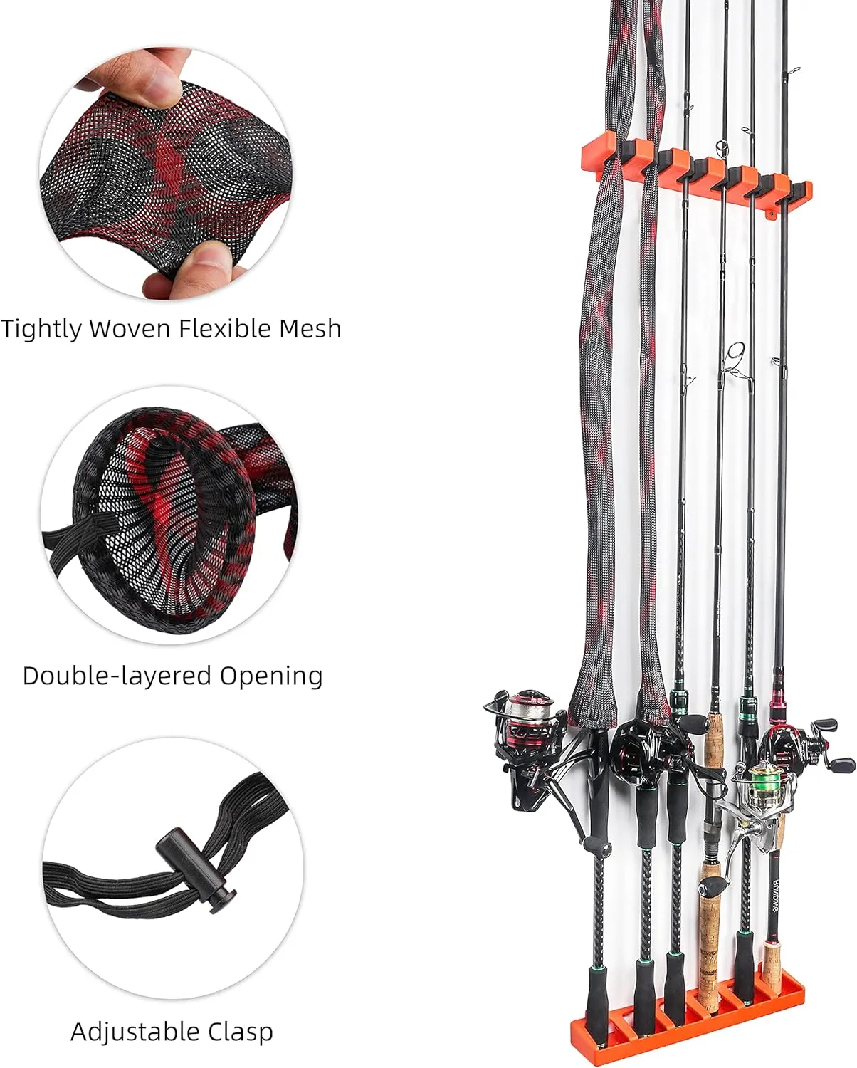RUNCL Fishing Rod Holder, Rod Sleeve, and Rod Strap Kit, Wall Mounted Vertical Fishing Rod Rack, Fishing Pole Holders Hold Up to 6 5-11mm Rods, Fishing Rod Storage Combo Set