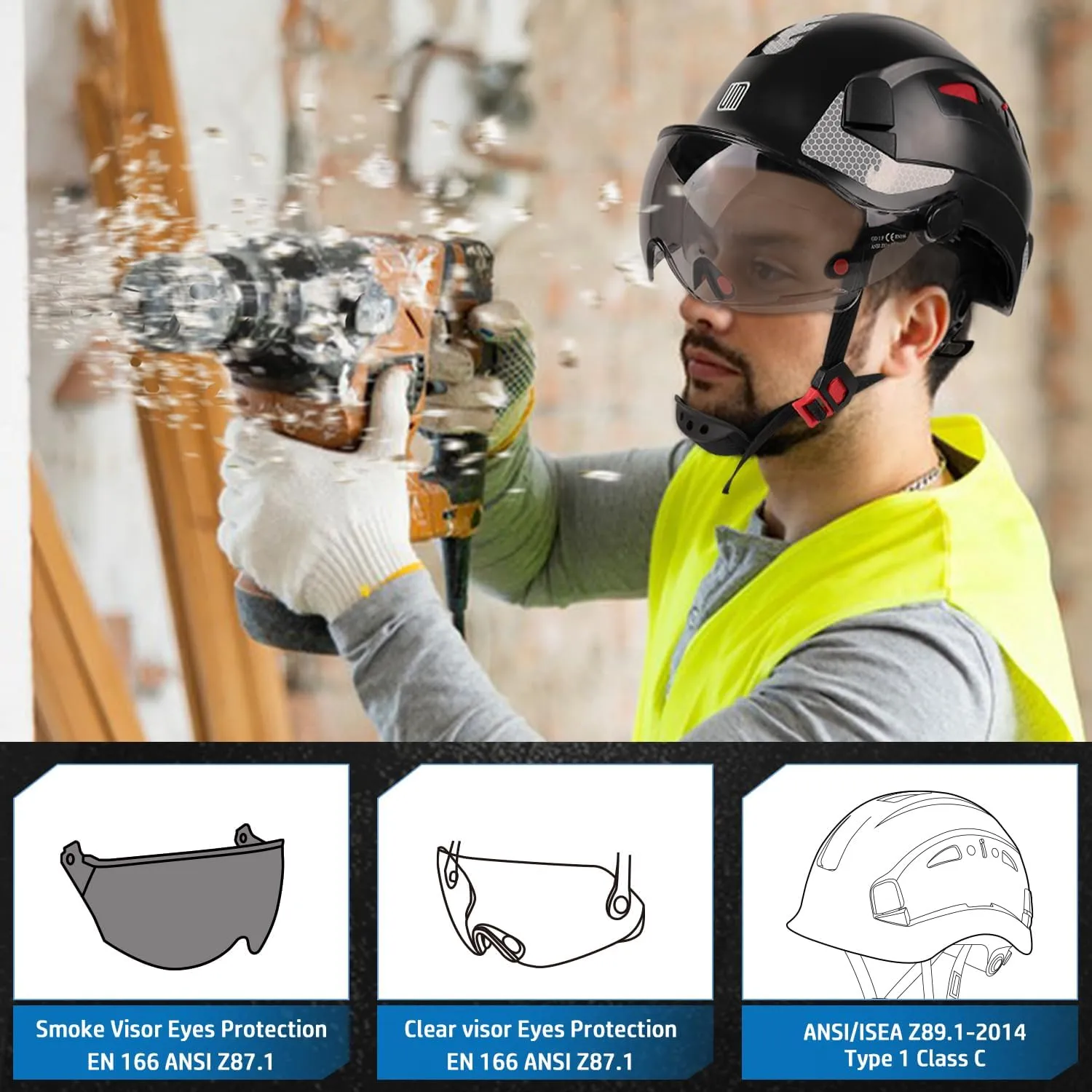 Safety Helmet with Build-in Visor, Hard Hat with Vented Design, ANSI Z89.1 Certified, Ideal for Industrial and Construction