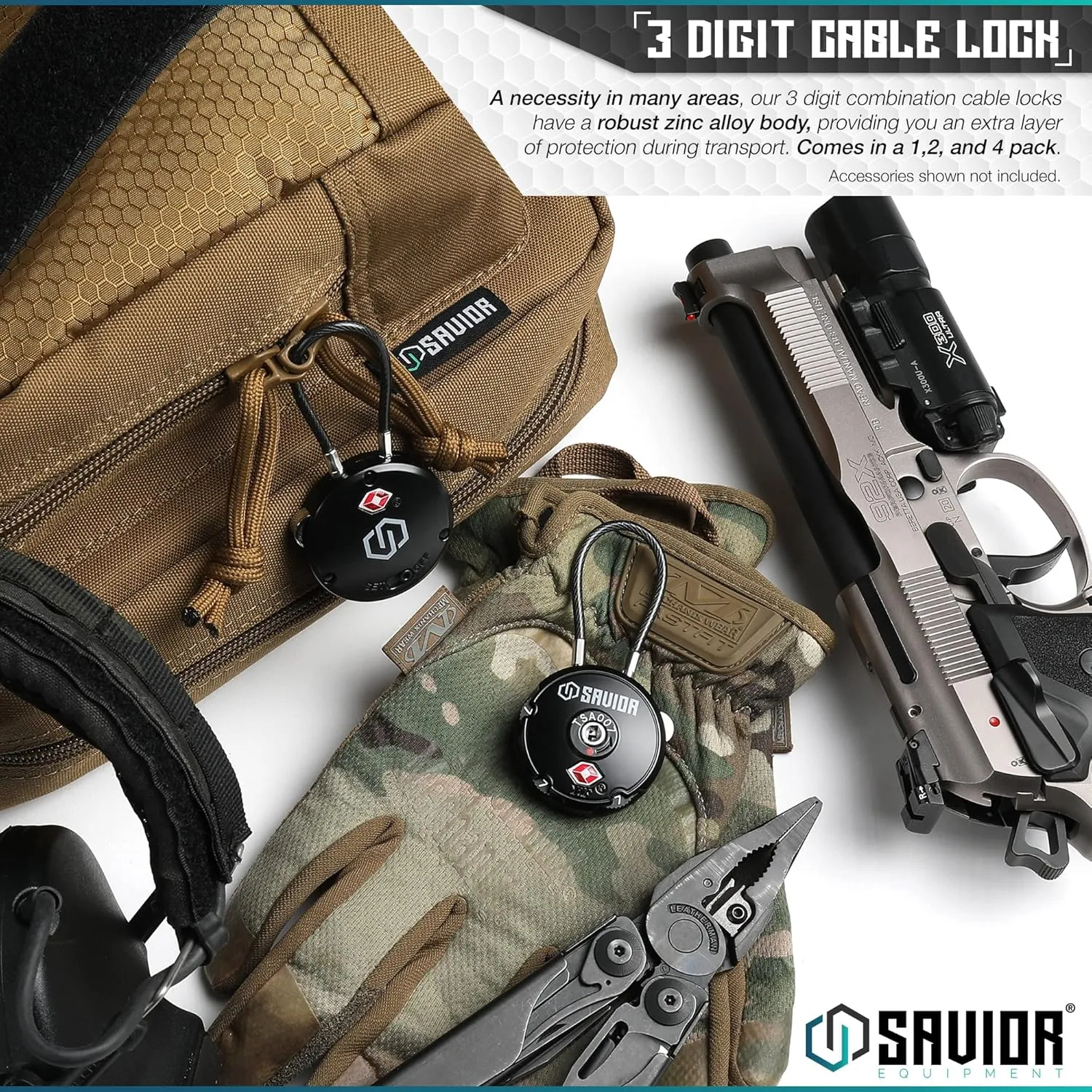 Savior Equipment Quality TSA-Approved 3-Digit Combination Cable Travel Luggage Locks for Rifle Bag Firearm Gun Case Accessories Ammo Boxes Outdoor Storage, Obsidian Black, 2-Pack