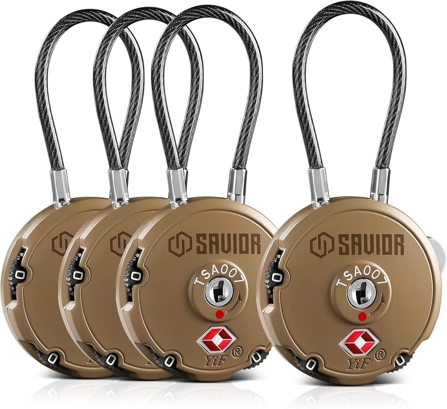 Savior Equipment Quality TSA-Approved 3-Digit Combination Cable Travel Luggage Locks for Rifle Bag Firearm Gun Case Accessories Ammo Boxes Outdoor Storage, RAL 8000 Tan, 4-Pack