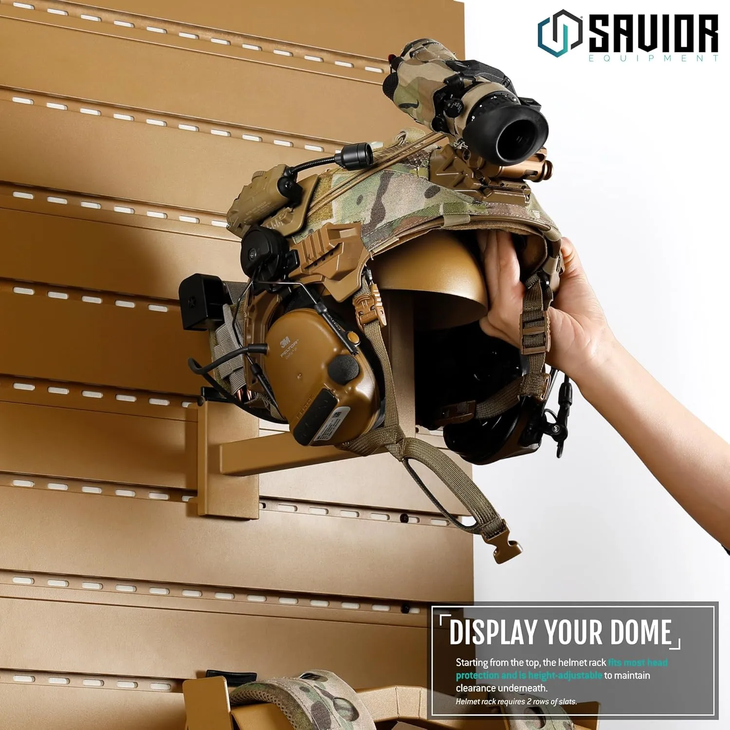 Savior Equipment Wall Rack System Tactical Helmet Attachment Gear Wall Mount Display Rack Organizer Hanger, Adjustable Height, Heavy-Duty Steel Construction Hold Up to 20 lbs
