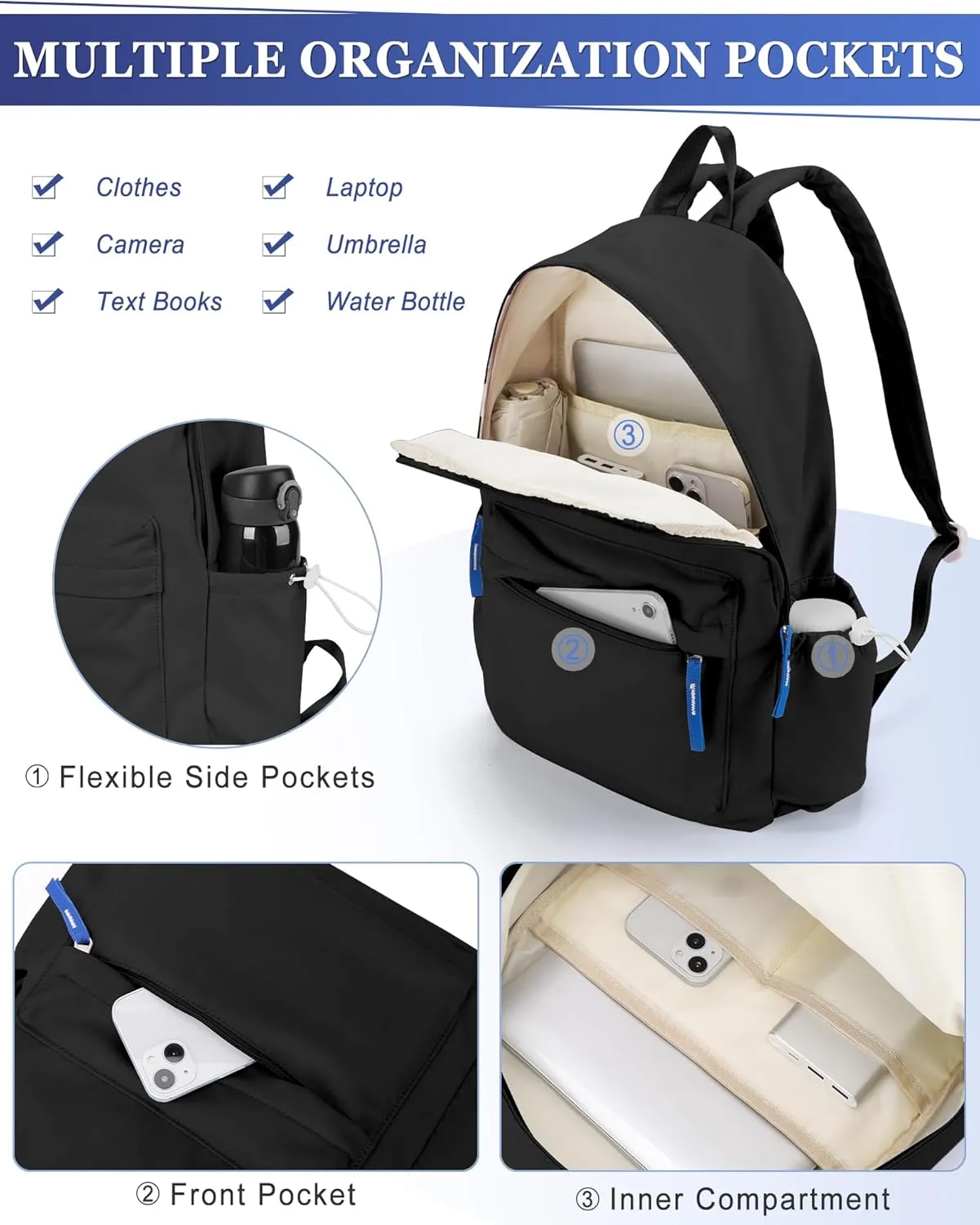 School Backpack for Teen Girls Black Simple School Book Bag Waterproof High School Backpack for Boys Middle Student Bookbag College Backpack for Women Men Casual Daypack Travel Aesthetic Backpacks