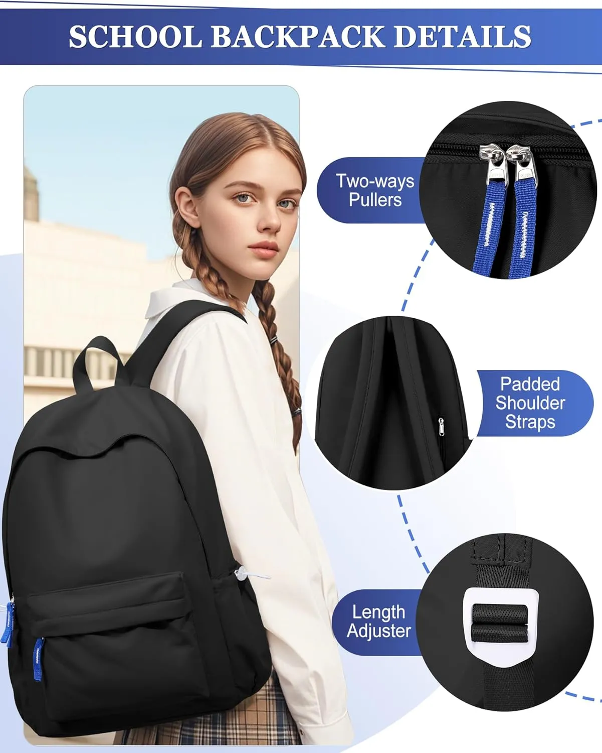 School Backpack for Teen Girls Black Simple School Book Bag Waterproof High School Backpack for Boys Middle Student Bookbag College Backpack for Women Men Casual Daypack Travel Aesthetic Backpacks