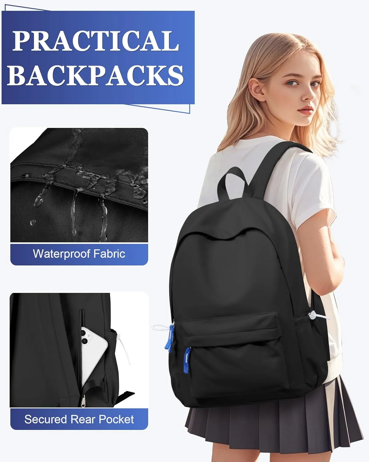 School Backpack for Teen Girls Black Simple School Book Bag Waterproof High School Backpack for Boys Middle Student Bookbag College Backpack for Women Men Casual Daypack Travel Aesthetic Backpacks