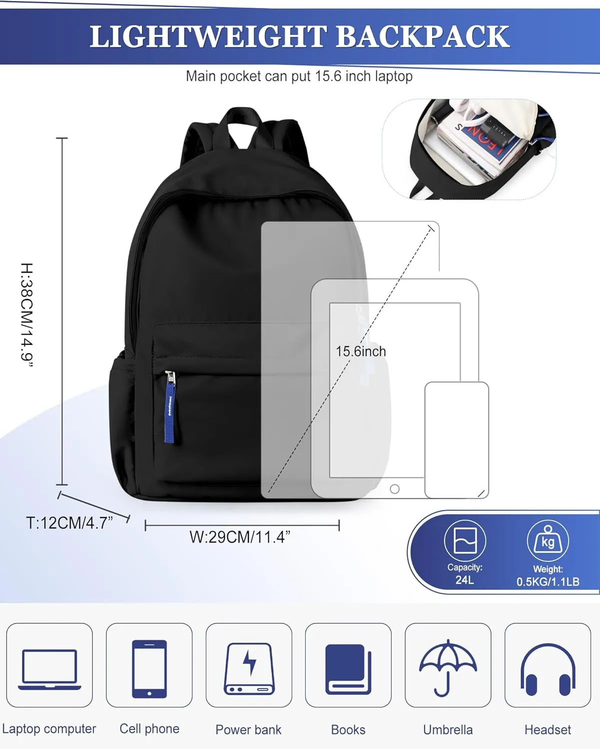 School Backpack for Teen Girls Black Simple School Book Bag Waterproof High School Backpack for Boys Middle Student Bookbag College Backpack for Women Men Casual Daypack Travel Aesthetic Backpacks