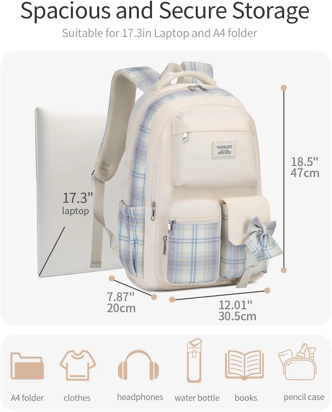 Schoolbag for Teen Girls, Cute Book Bag Backpack with 17.3in Laptop Compartment for Big Student Women College Mochilas Escolares para Niñas (Beige)