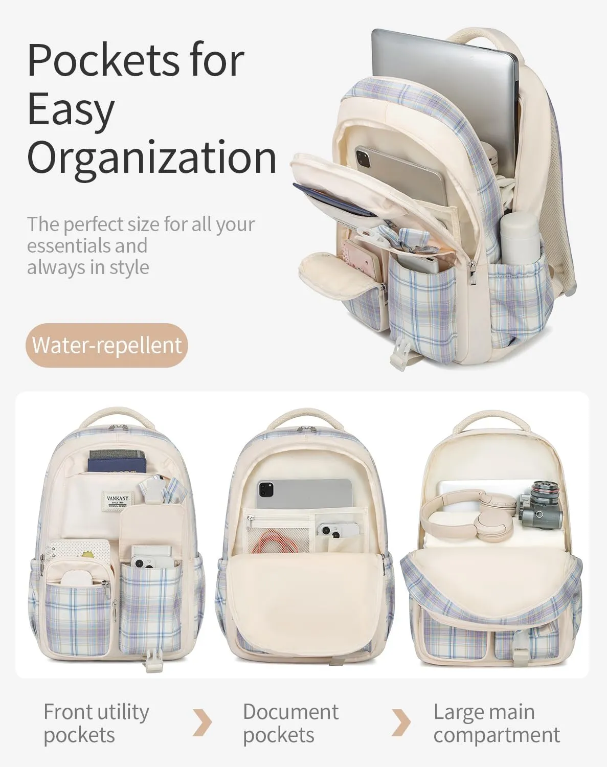 Schoolbag for Teen Girls, Cute Book Bag Backpack with 17.3in Laptop Compartment for Big Student Women College Mochilas Escolares para Niñas (Beige)