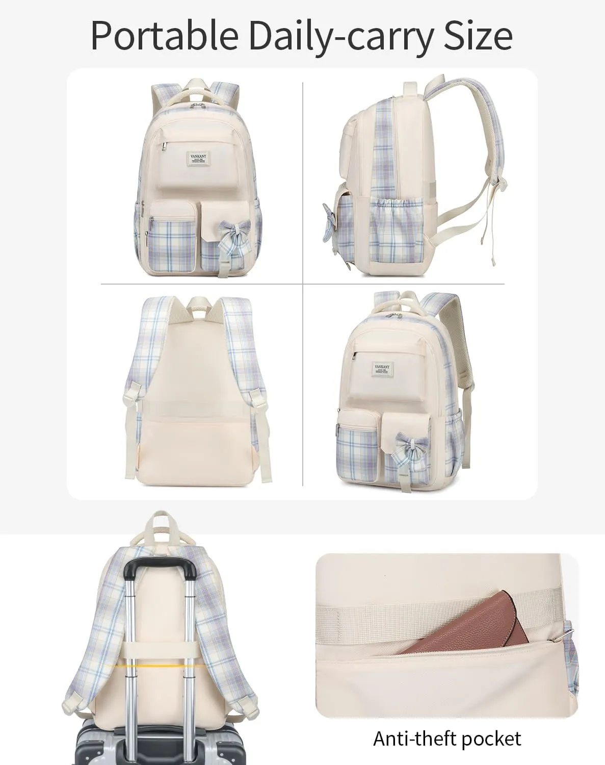Schoolbag for Teen Girls, Cute Book Bag Backpack with 17.3in Laptop Compartment for Big Student Women College Mochilas Escolares para Niñas (Beige)