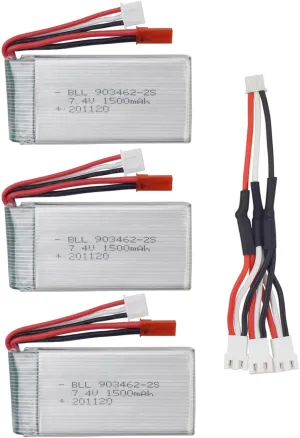 sea jump 3PCS 7.4V 1500mah Li Battery with 1to3Charging Conversion Line for WLTOYS V913 RC Helicopter Accessories L959 High Speed-Remote Control Car Battery WL912 RC Boat Battery