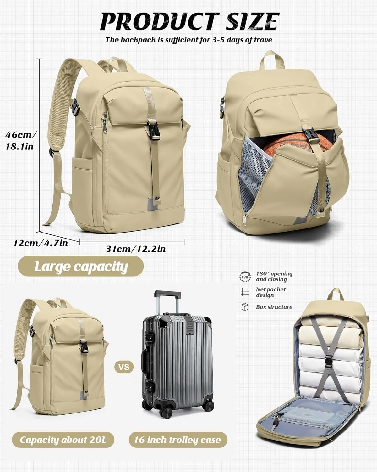 SEAFEW Helmet Backpack for Motorcycle, Travel Backpack for Men Women,Carry on Backpack Flight Approved,Casual Daypacks Cabin Bagage,Hiking Backpack Lightweight Rucksack Khaki
