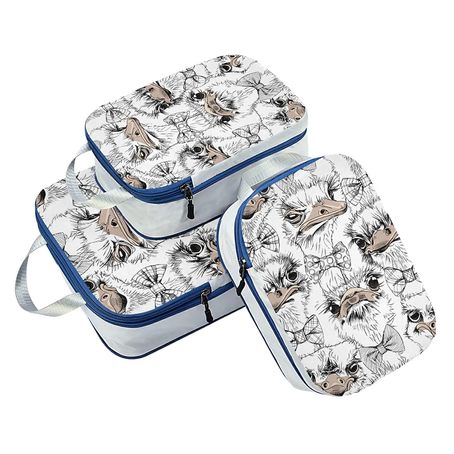 Seamless Funny Ostriches Friends in a Bow Ties Texture 3 Set Packing Cubes, Waterproof Check Oxford cloth Organizers, Travel Packing Toiletry Storage Bag