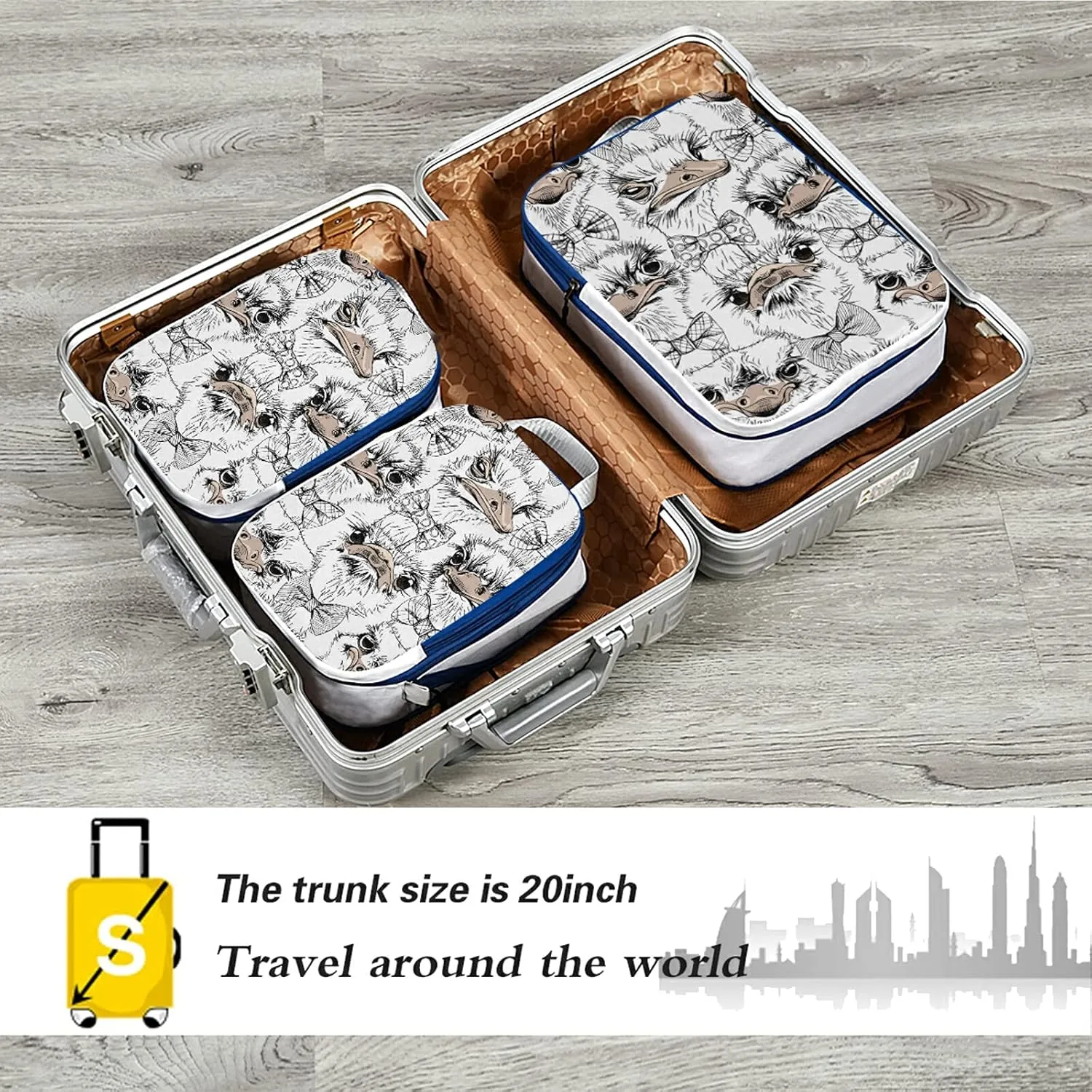Seamless Funny Ostriches Friends in a Bow Ties Texture 3 Set Packing Cubes, Waterproof Check Oxford cloth Organizers, Travel Packing Toiletry Storage Bag