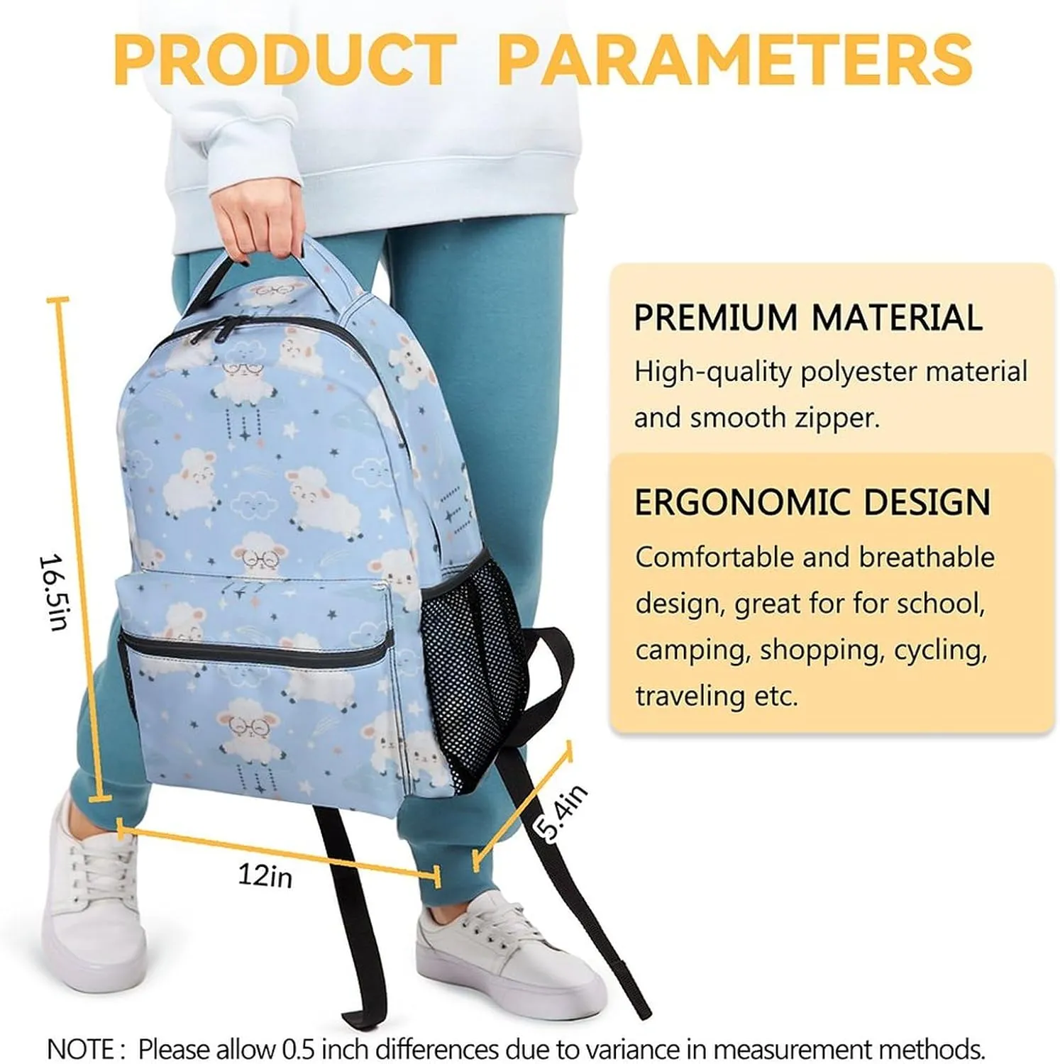 Sheep School Backpack for Girls, Boys - 16 Inches Blue Backpacks for Teens - Carry Cute Bookbag for Middle School