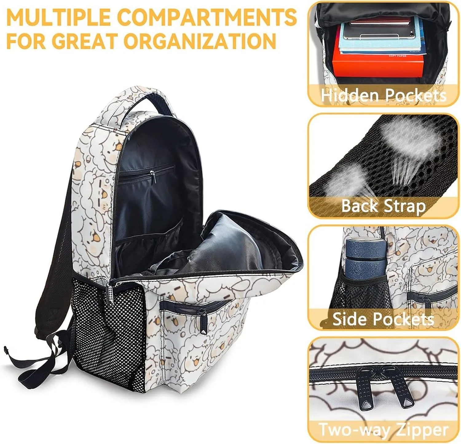 Sheep School Backpack for Girls, Boys - 16 Inches White Backpacks for Kids - Carry Funny Bookbag for Elementary