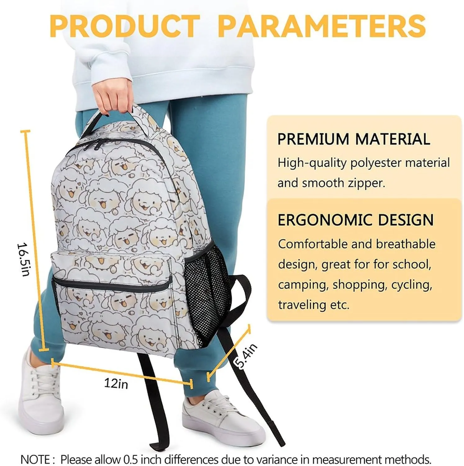 Sheep School Backpack for Girls, Boys - 16 Inches White Backpacks for Kids - Carry Funny Bookbag for Elementary