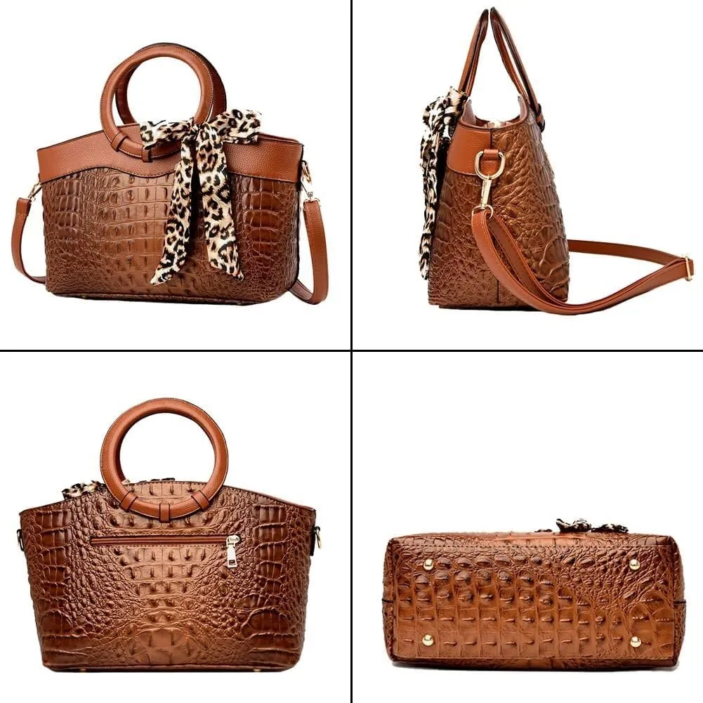 Shoulder Purse Crocodile Pattern Crossbody Leather Tote Purse with Leopard Scarf Women's Handbags Desinger