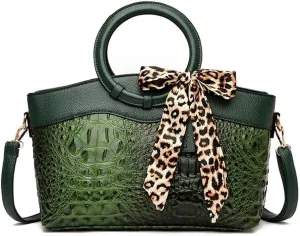 Shoulder Purse Crocodile Pattern Crossbody Leather Tote Purse with Leopard Scarf Women's Handbags Desinger