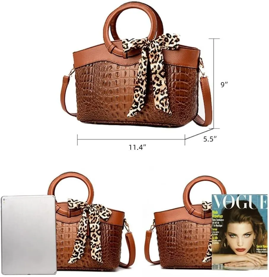 Shoulder Purse Crocodile Pattern Crossbody Leather Tote Purse with Leopard Scarf Women's Handbags Desinger