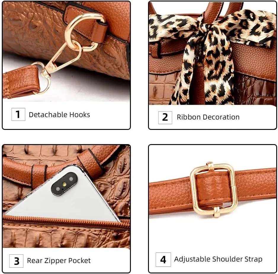Shoulder Purse Crocodile Pattern Crossbody Leather Tote Purse with Leopard Scarf Women's Handbags Desinger