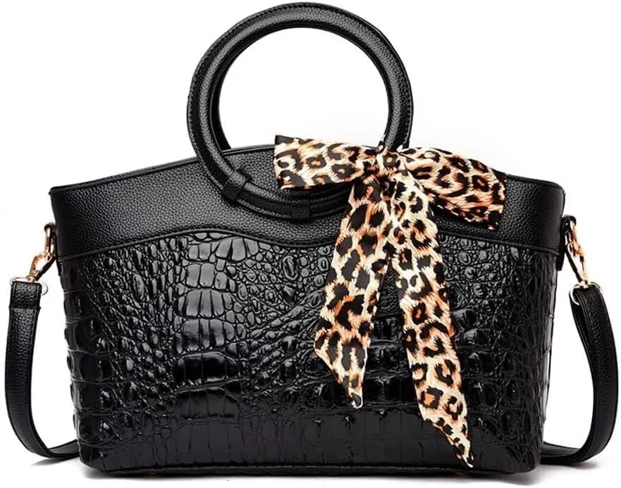 Shoulder Purse Crocodile Pattern Crossbody Leather Tote Purse with Leopard Scarf Women's Handbags Desinger