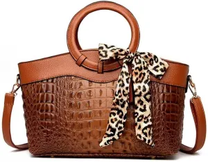 Shoulder Purse Crocodile Pattern Crossbody Leather Tote Purse with Leopard Scarf Women's Handbags Desinger