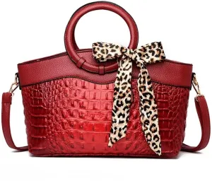 Shoulder Purse Crocodile Pattern Crossbody Leather Tote Purse with Leopard Scarf Women's Handbags Desinger