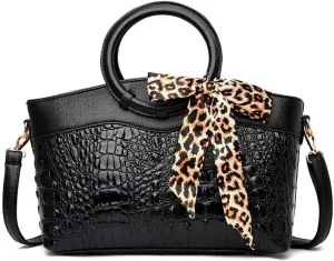 Shoulder Purse Crocodile Pattern Crossbody Leather Tote Purse with Leopard Scarf Women's Handbags Desinger