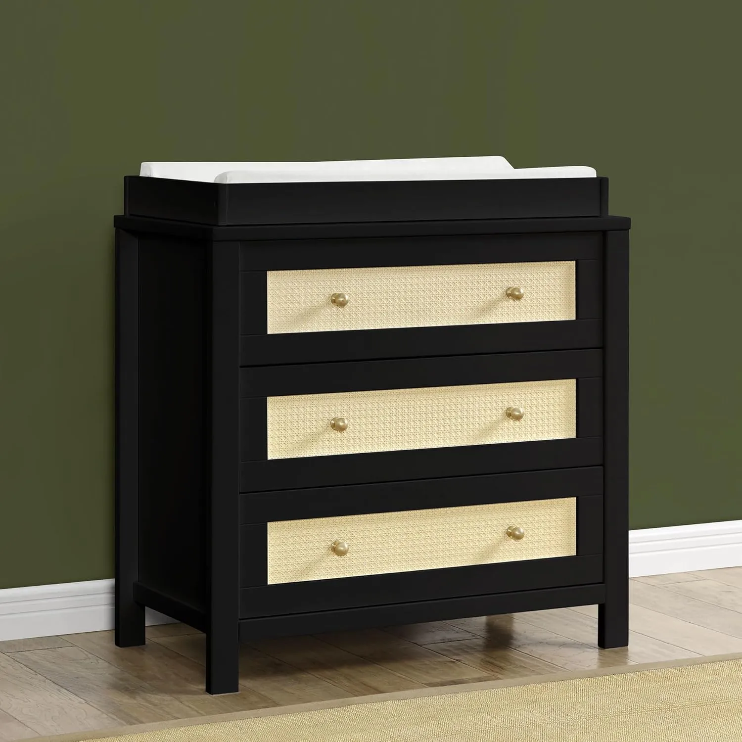 Simmons Kids Theo 3 Drawer Dresser with Changing Top and Interlocking Drawers, Black/Textured Almond