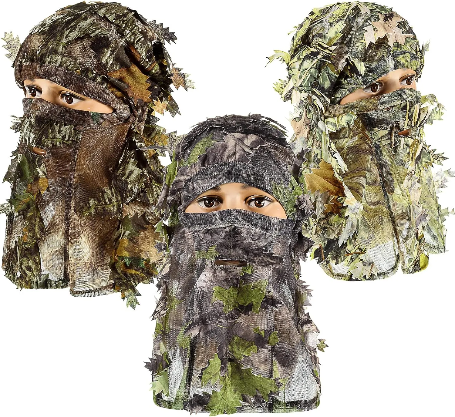 Sintege 3 Pieces 3D Camo Hunting Face Mask Camouflage Leafy Hat Ghillie Face Covering Full Cover Camo Headwear Turkey Hunting Gear Accessories