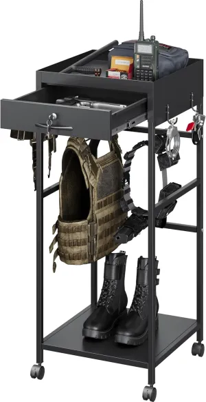 SISESOL Police Gear Rack with Lockable Drawer & Wheels,Military Gear Stand with 6 Hooks,Police Equipment Organizer Hanger,Tactical Gear Rack Organizer,Duty Belt & Vest Hanger,Cop Police Gift,Black