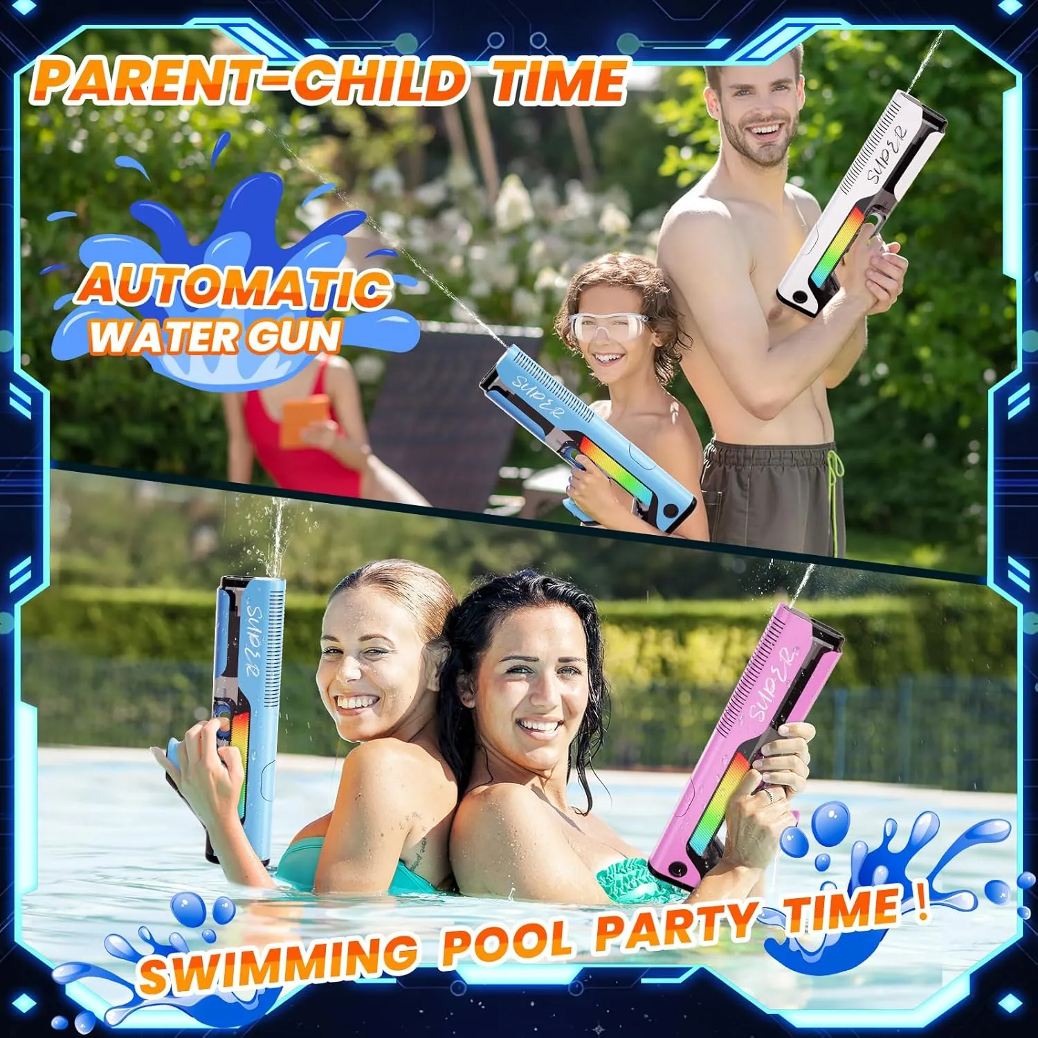 Skirfy Electric Water Gun with Light,Automatic Reload Squirt Gun for Adults&Kids,Auto Suction Gun with Modular Battery,Summer Gun Pool Beach Outdoor Party Toys for Kids Ages 8-12