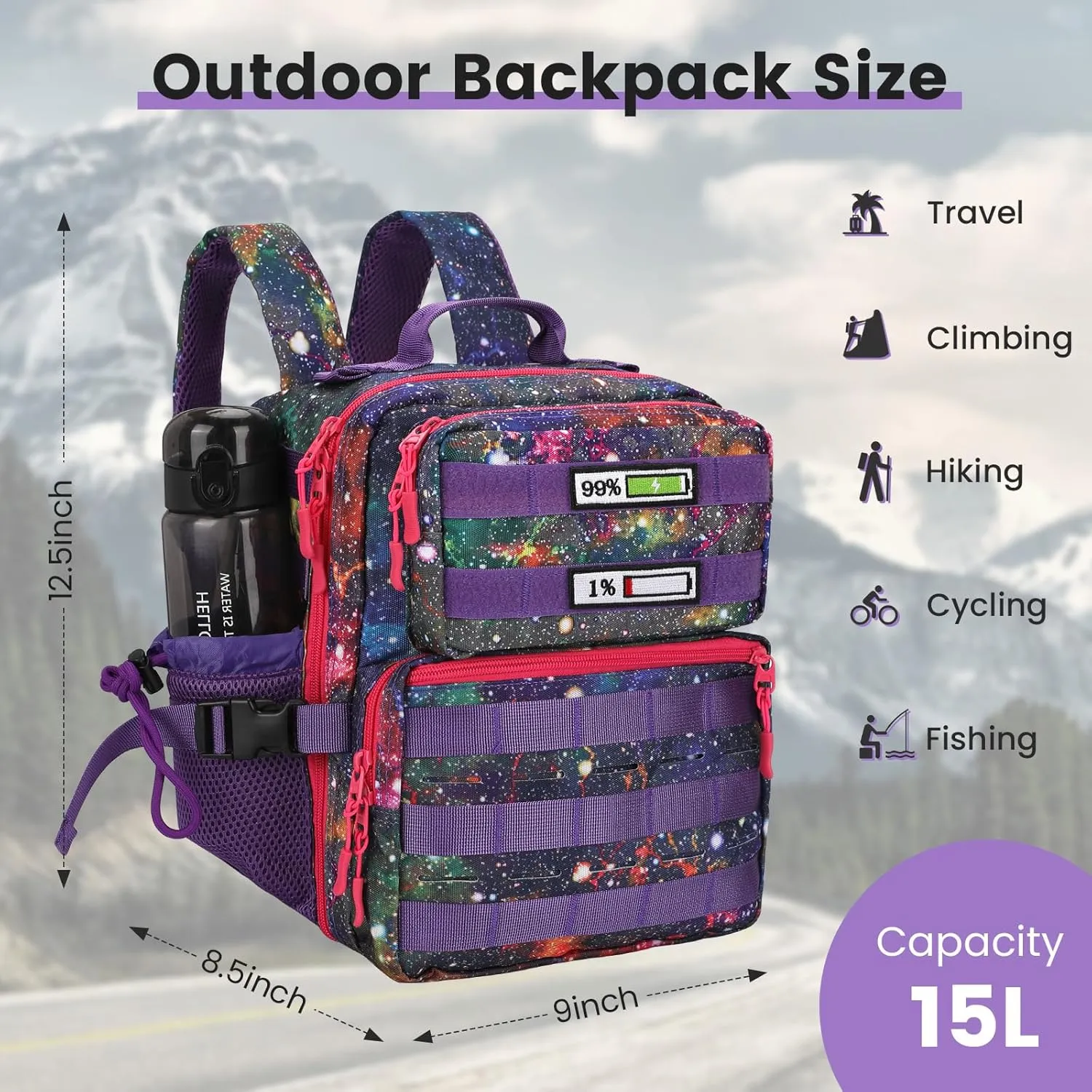 Small Tactical Backpack for Men Women,15L Mini MOLLE Tactical Daypack Rucksack with Patches for Gym Hiking Camping Travel Sport (Galaxy Purple)