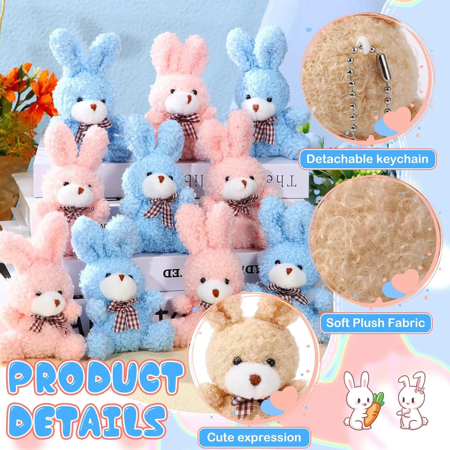 Sotiff 24 Pcs Plush Bunny Stuffed Animal Gift Bulk 4.7 Inch Mini Bunnies Keychain Doll Furry Rabbit with Bow Tie for Birthday Baby Shower Party Favor Gifts Classroom Rewards(Pink, Blue)