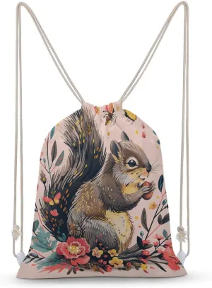 Squirrel And Flowers Drawstring Backpack for Women Men Drawstring Bag for Travel Swimming Sports Gym Bag