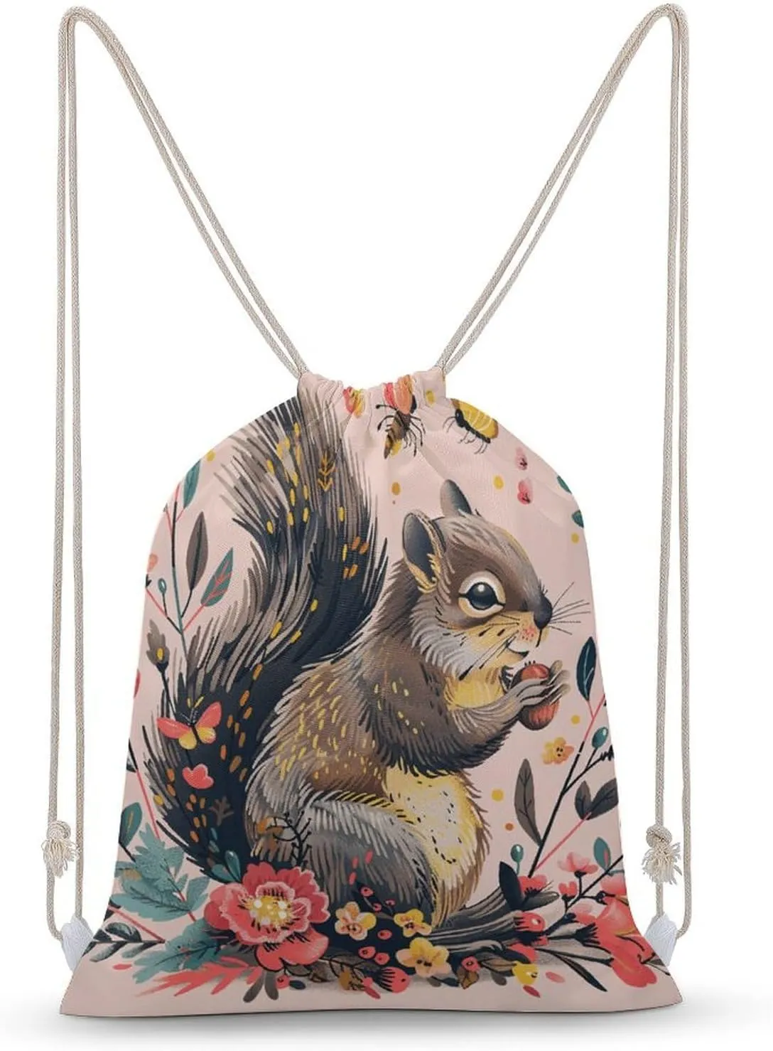Squirrel And Flowers Drawstring Backpack for Women Men Drawstring Bag for Travel Swimming Sports Gym Bag