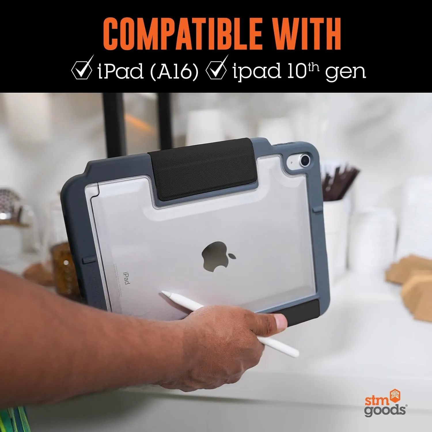 STM Dux Plus for iPad (A16/10th Gen) Ultra-Durable, Lightweight Case with Clear Back, Apple Pencil USB-C/Gen 1 Storage, and Magnetic Battery-Saving On/Off Cover - Black.
