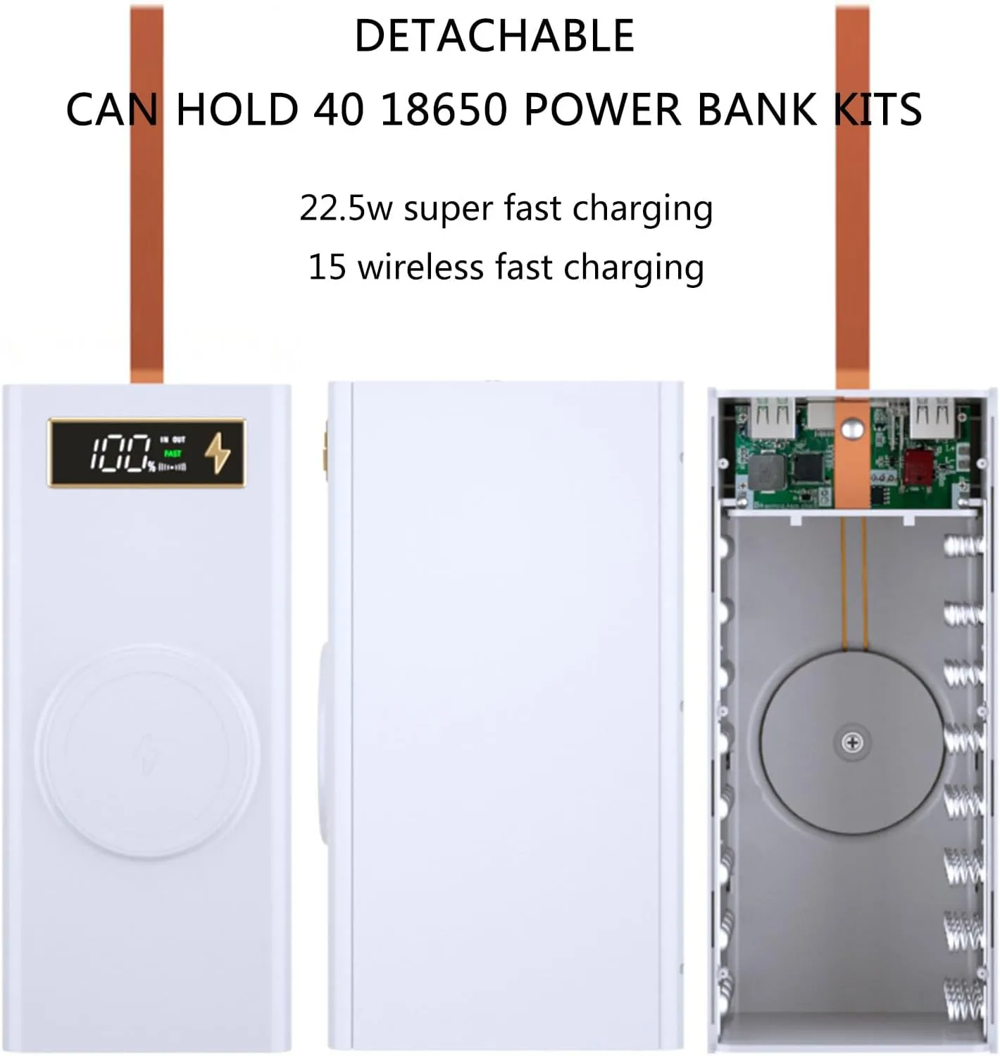 Storage Bags, Portable 18650 Battery Case Box Power Shell With Digital Display USB Quickly Charging Wireless Charging - White - PD version