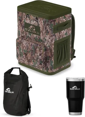 SUN NINJA Cooler Backpack Bundle with Waterproof Roll-Top Dry Bag and 30oz Tumbler, Insulated Leakproof Design Keeps 36 Cans Cold for 48 Hours, Comfortable Padded Straps for Outdoor Adventures