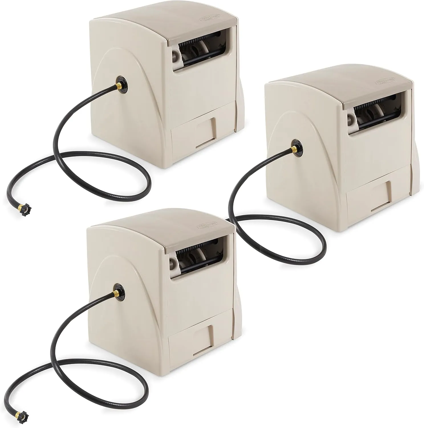 Suncast 3 Pack Automatic Rewind Garden Hose Reel, 100 ft. 5/8 in. Vinyl Hose Holder, Light Taupe