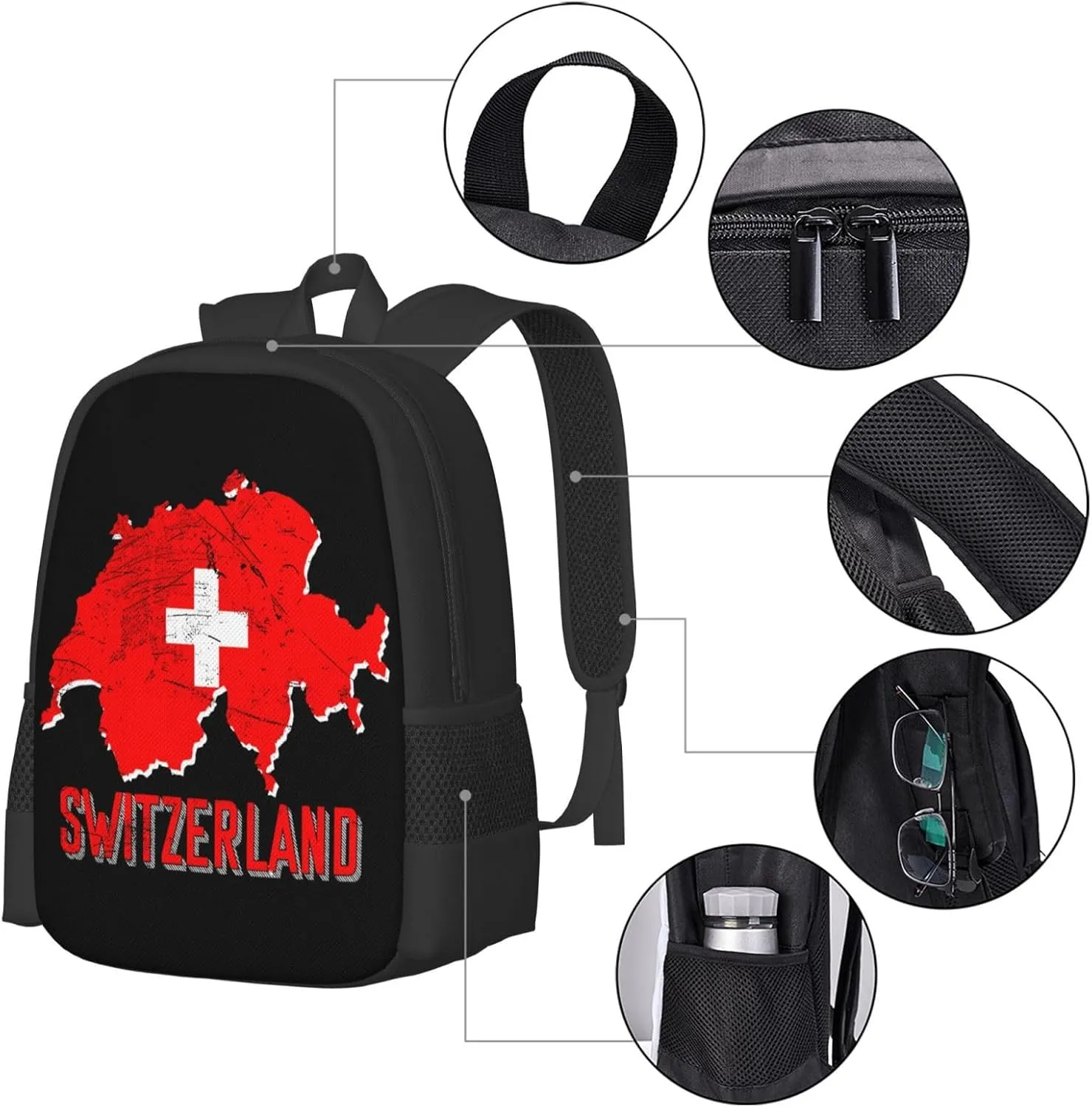 Switzerland Swiss Flag Map Travel Backpack Casual Backpacks 15 Inch Laptop Back Pack Lightweight Rucksack Outdoor Sport Daypack Large Bags for Working Camping Hiking