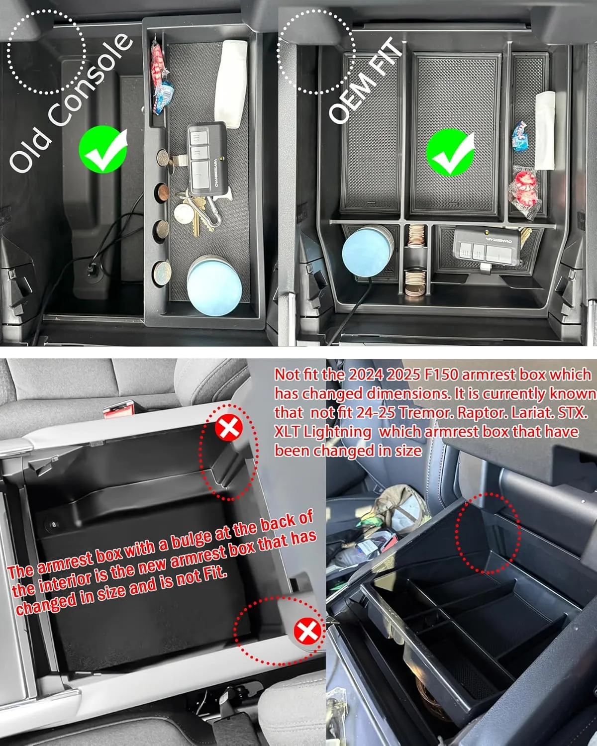 TACOBRO Center Console Organizer Compatible with Ford F150 2021-2024 2025 Accessories, STX/Tremor/Lariat/King Ranch/Platinum F-150 Lightning Armres Insert Tray, (40/Console/40 Front-Seats ONLY)