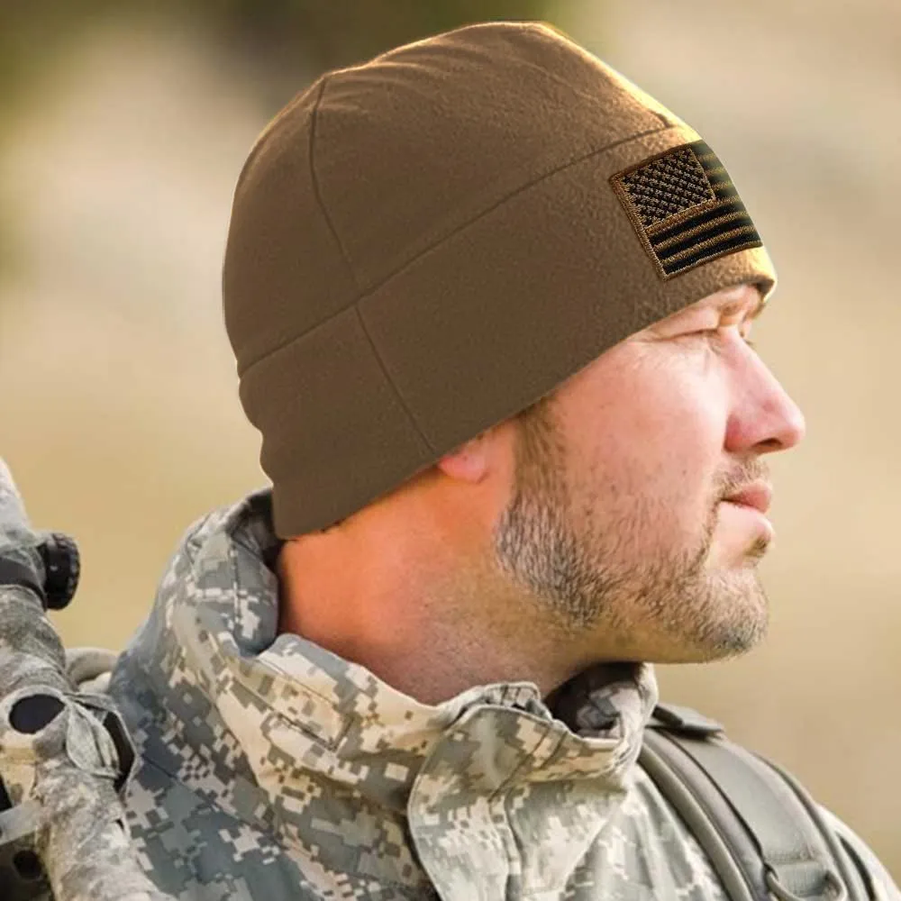 Tactical Beanie Hat - American Flag Fleece Winter Watch Cap - Military Hats for Men - Mens Army Beanies