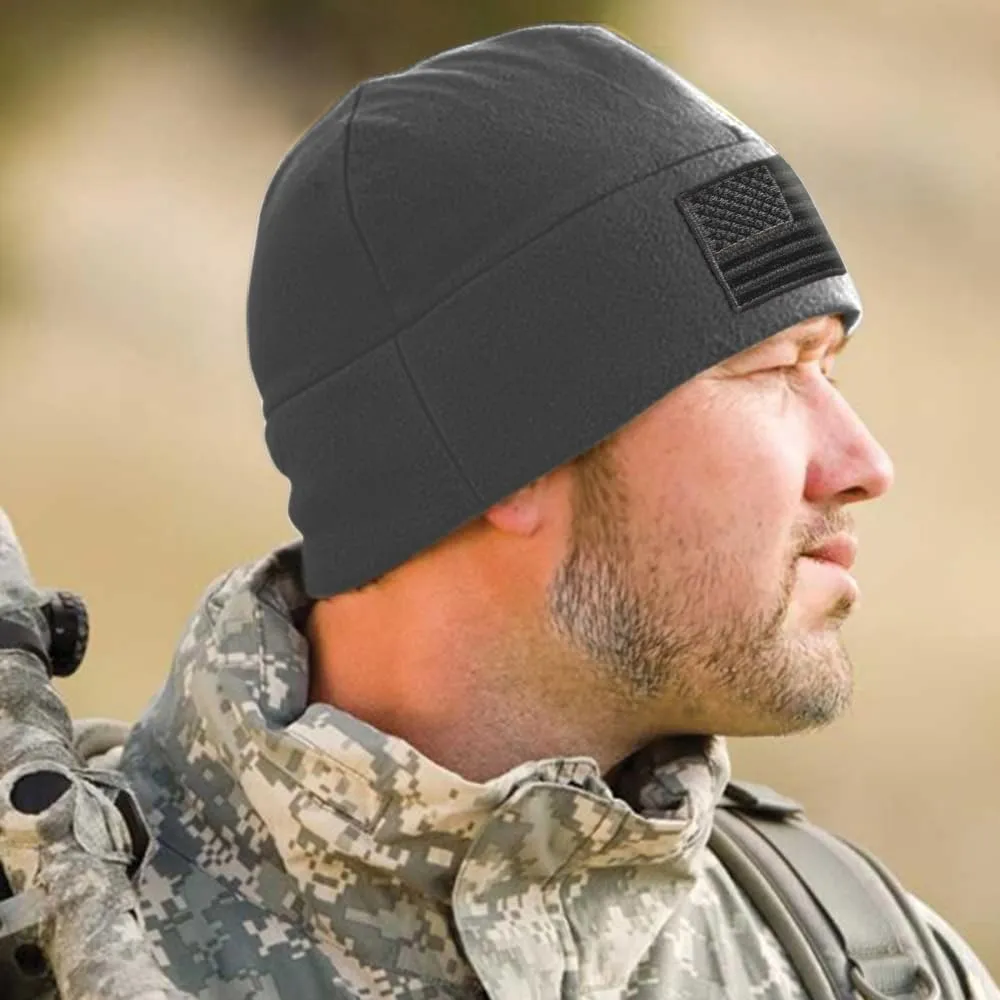 Tactical Beanie Hat - American Flag Fleece Winter Watch Cap - Military Hats for Men - Mens Army Beanies