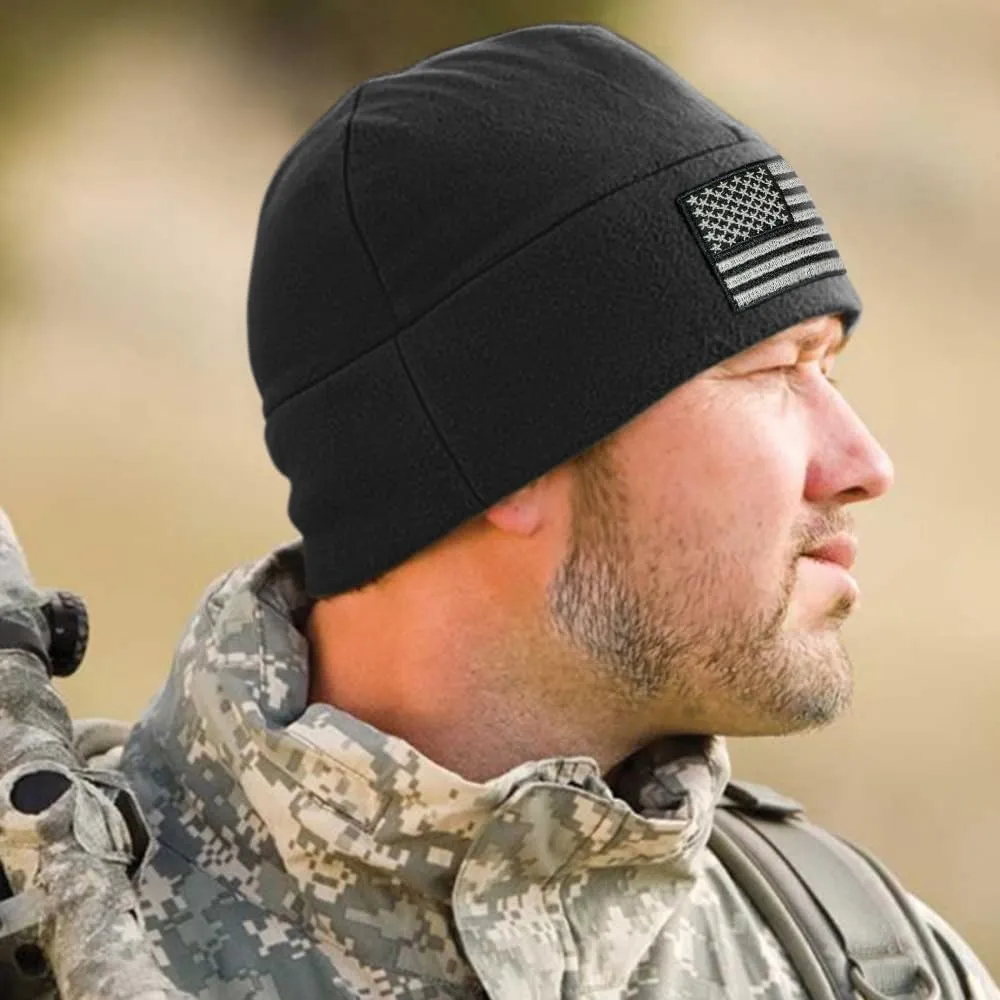 Tactical Beanie Hat - American Flag Fleece Winter Watch Cap - Military Hats for Men - Mens Army Beanies