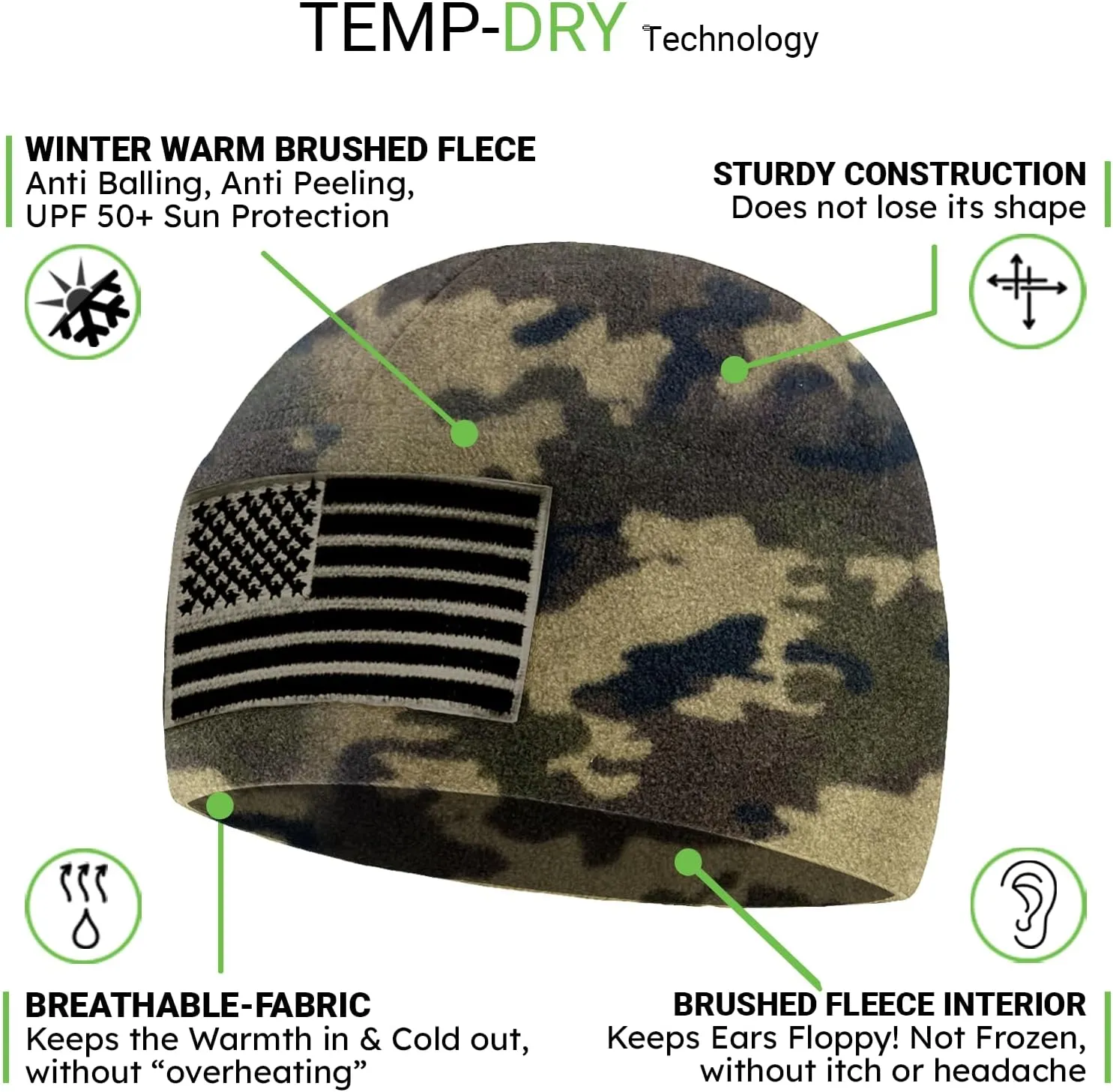 Tactical Beanie Hat - American Flag Fleece Winter Watch Cap - Military Hats for Men - Mens Army Beanies