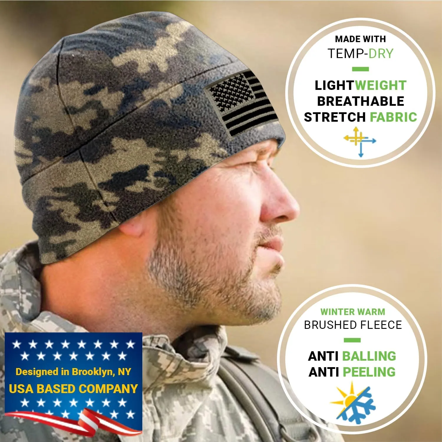 Tactical Beanie Hat - American Flag Fleece Winter Watch Cap - Military Hats for Men - Mens Army Beanies