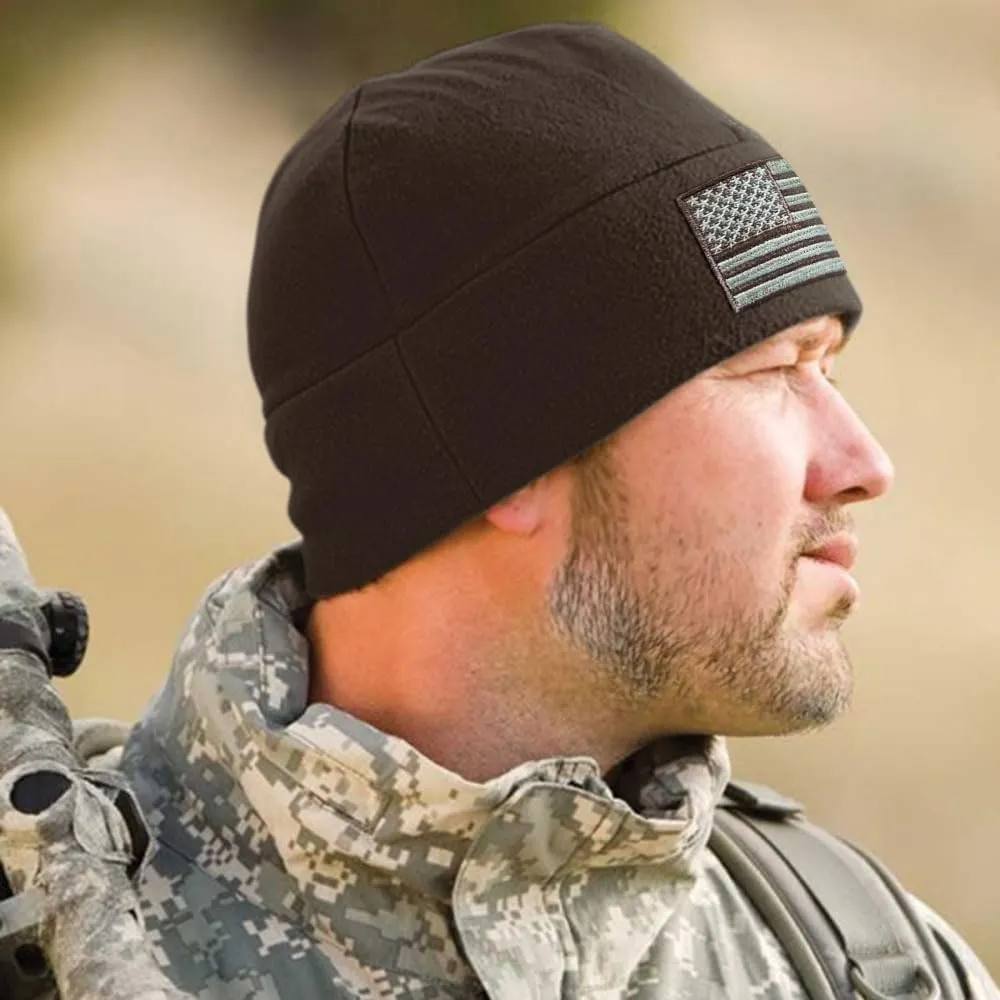 Tactical Beanie Hat - American Flag Fleece Winter Watch Cap - Military Hats for Men - Mens Army Beanies