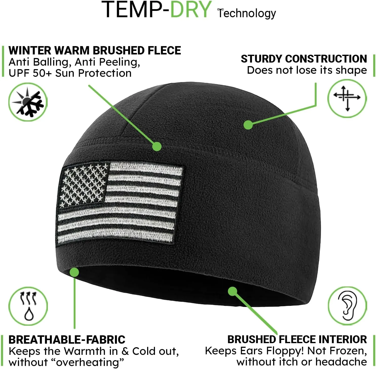 Tactical Beanie Hat - American Flag Fleece Winter Watch Cap - Military Hats for Men - Mens Army Beanies