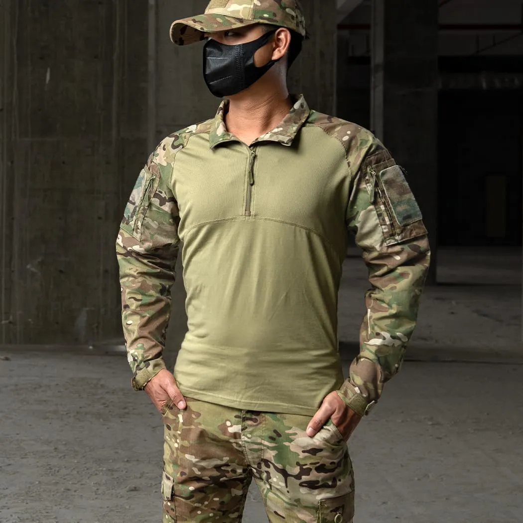 Tactical CAMO Shirts 1/4 Zipper Combat Shirts Long Sleeve BDU Shirts with Pockets for Outdoor Airsoft
