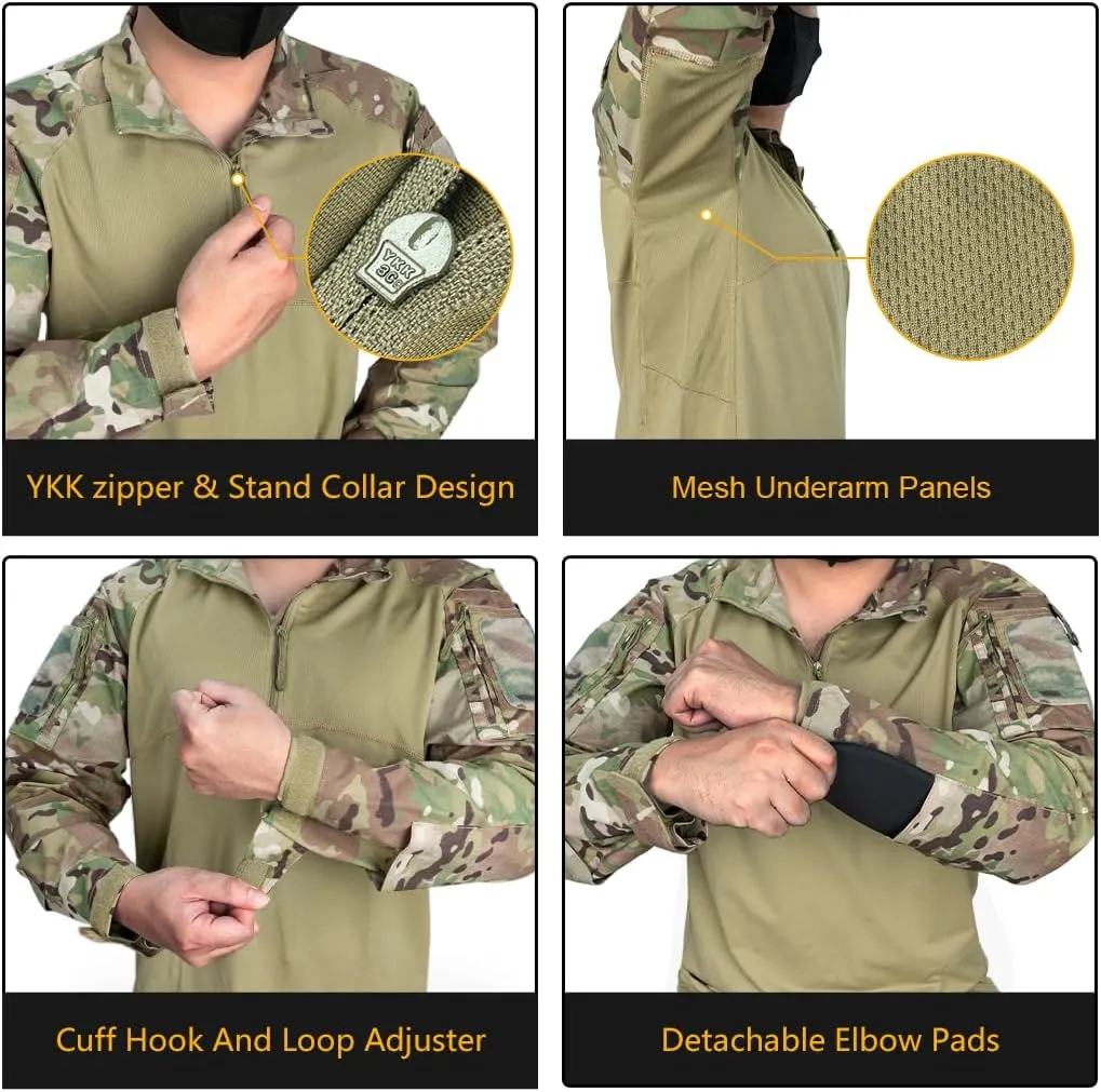 Tactical CAMO Shirts 1/4 Zipper Combat Shirts Long Sleeve BDU Shirts with Pockets for Outdoor Airsoft